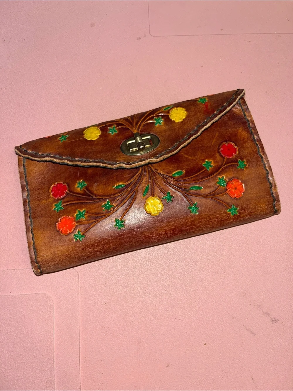 Handcrafted Vintage Brown Leather Floral Embossed Clutch Wallet